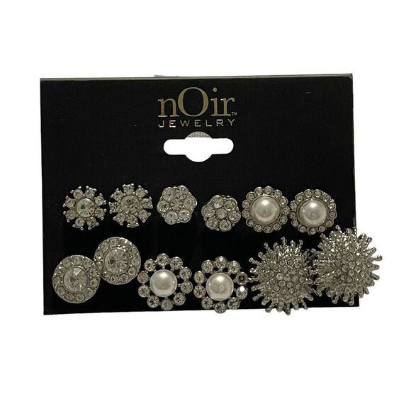 Noir Rhinestone Occasion Earring Set Silver Plated Brass Faux Pearls CZ 6 Pairs - Picture 1 of 6